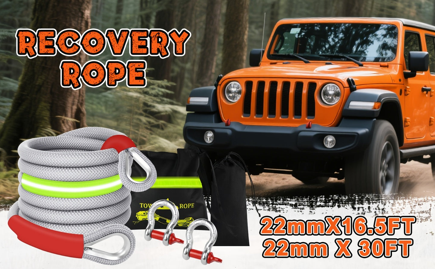 Recovery Tow Strap Heavy Duty - Up to 48000 LBS Break Strength, Kinetic Tow Rope with 2 D-Ring Shackles, Reflective Safety Flag & Storage Bag, for Truck Jeep ATV SUV UTV Off Road
