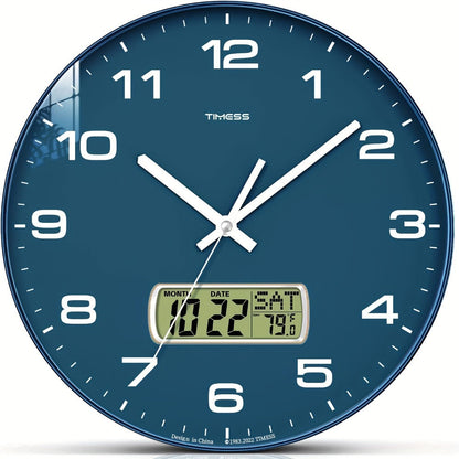 Round Analog Wall Clock with LCD Calendar and Temperature Window, Four Colors and 10- or 12-Inch Sizes