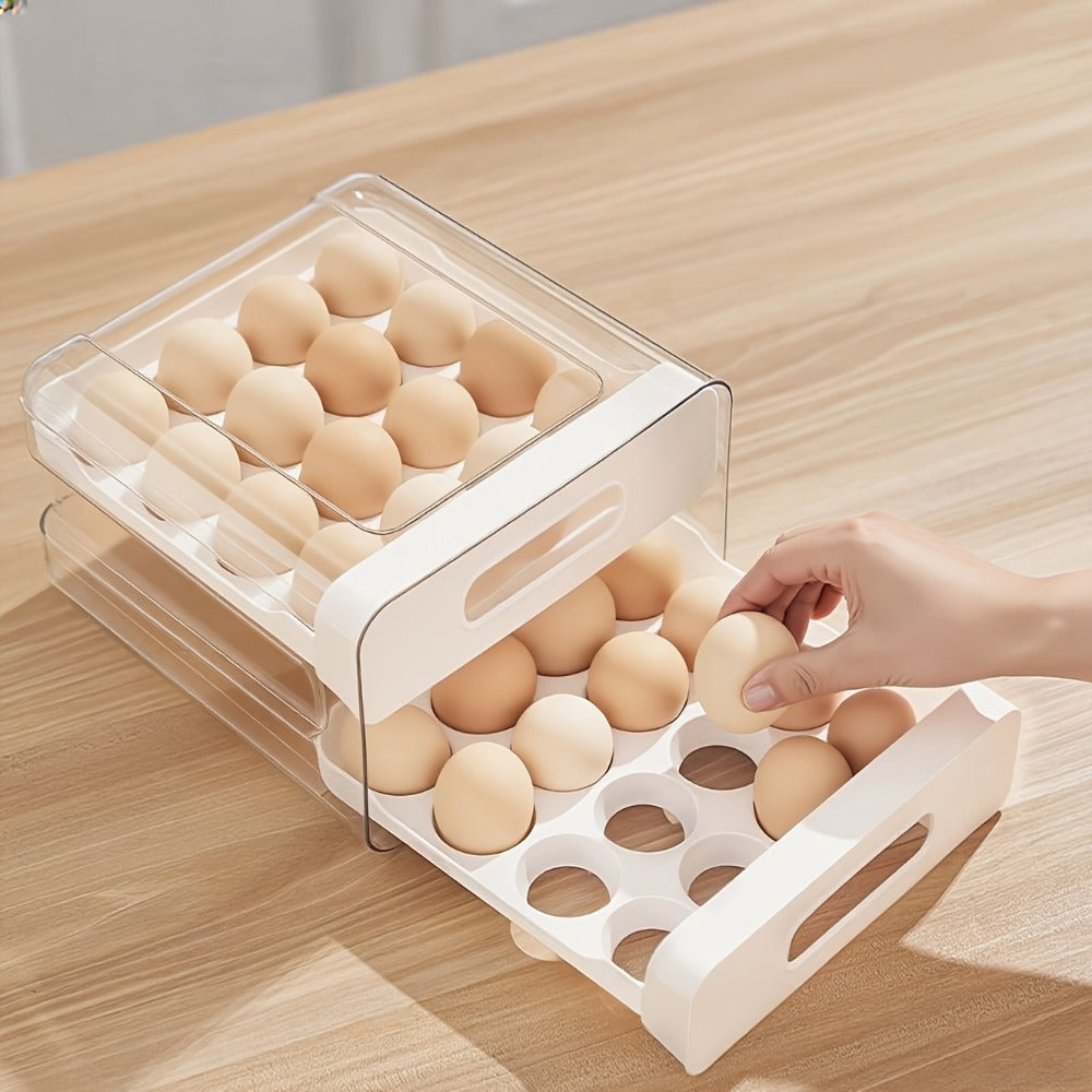 White Double-Layer Refrigerator Egg Storage Drawer with 32-Grid Tray and Clear Stackable Cover