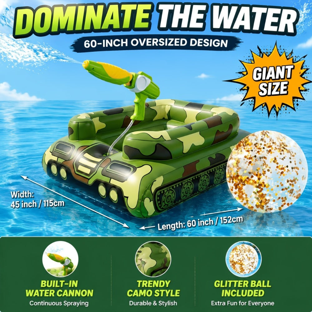 Ride-On Inflatable Pool Floats in Yellow Duck or 60-Inch Green Tank Styles with 16-Inch Beach Ball