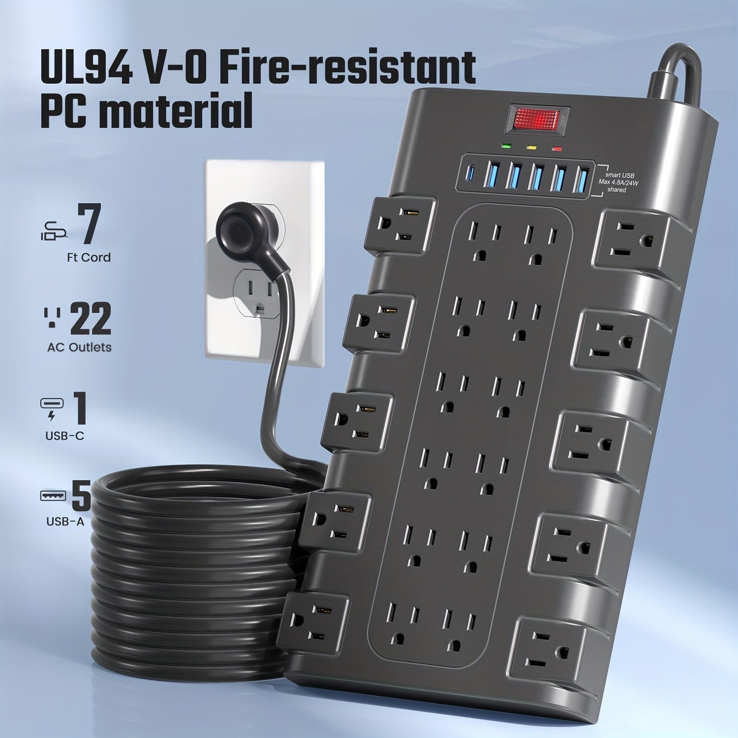 Surge Protector Power Strip 28-in-1 with 22 AC Outlets, 5 USB-A, 1 USB-C, 2100J Rating and 5 to 13 ft Cord Options