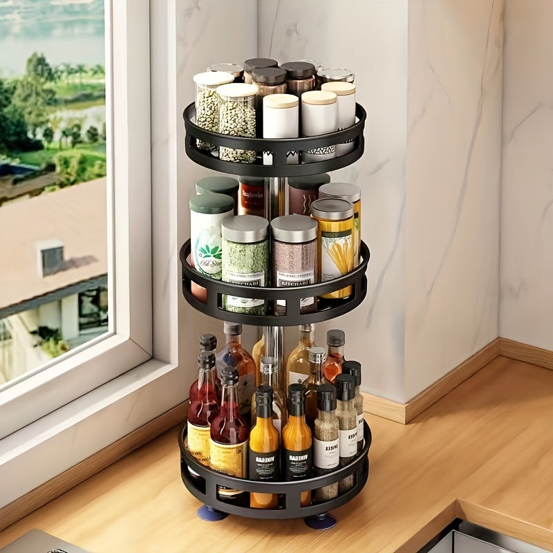 Three-Tier Rotating Spice Rack in Black or White with Circular Shelves and Tall Bottle Storage