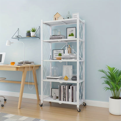 Foldable Storage Rack with Lockable Wheels 3 4 5 Tier Carbon Steel No Assembly Space Saving Floor Standing Shelf for Bedroom Balcony Garden