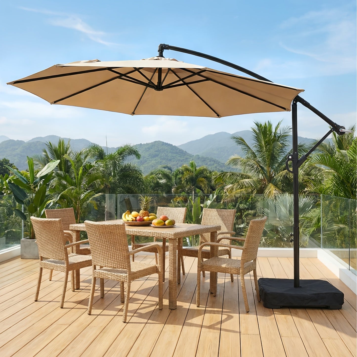 Patio Umbrella 10FT Cantilever Hanging Style with Crank, Push Tilt and Variant-Specific Cross Base