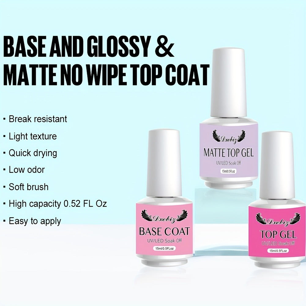 Gel Nail Base & Top Coat Kit 3pcs No-Wipe Glossy & Matte Top Coat + Base Gel — Long-Lasting Soak-Off LED Salon Nail Art Complete System 0.51oz Each for Home & Salon