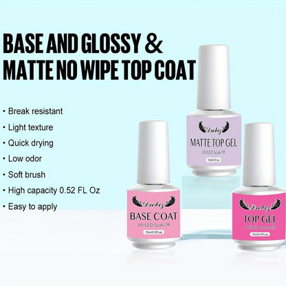 Gel Nail Base & Top Coat Kit 3pcs No-Wipe Glossy & Matte Top Coat + Base Gel — Long-Lasting Soak-Off LED Salon Nail Art Complete System 0.51oz Each for Home & Salon
