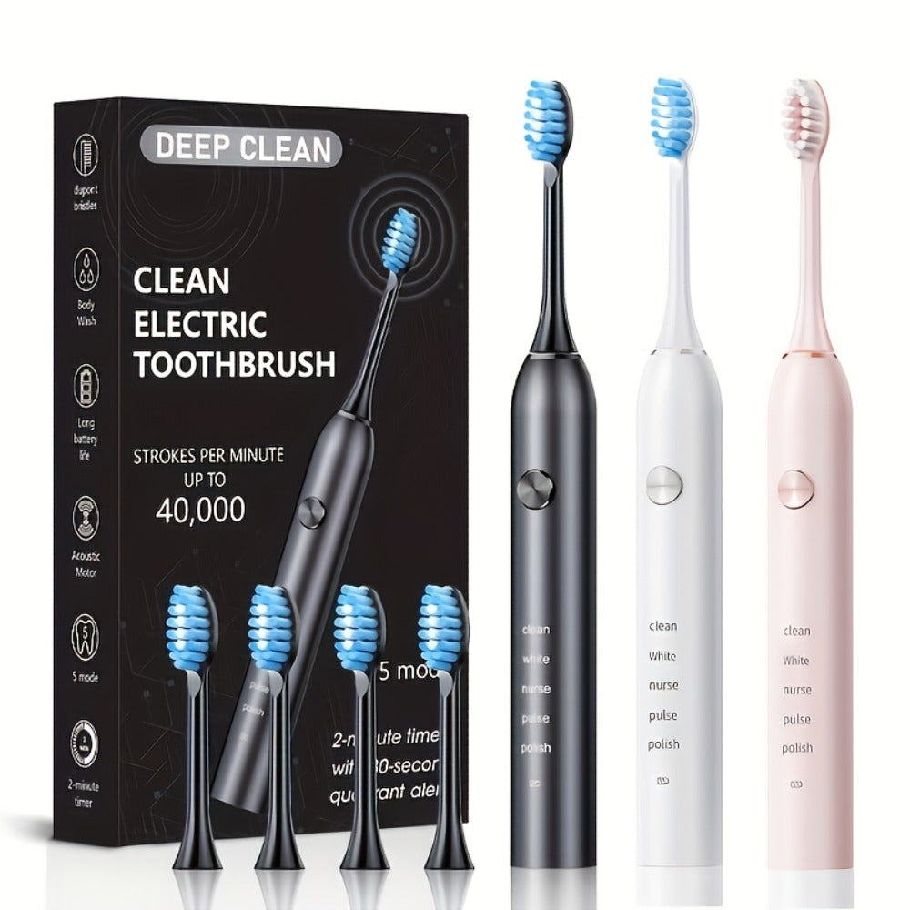 Electric Toothbrush with Five Modes, 40,000 Vibrations per Minute, Type-C Charging and Four or Eight Heads