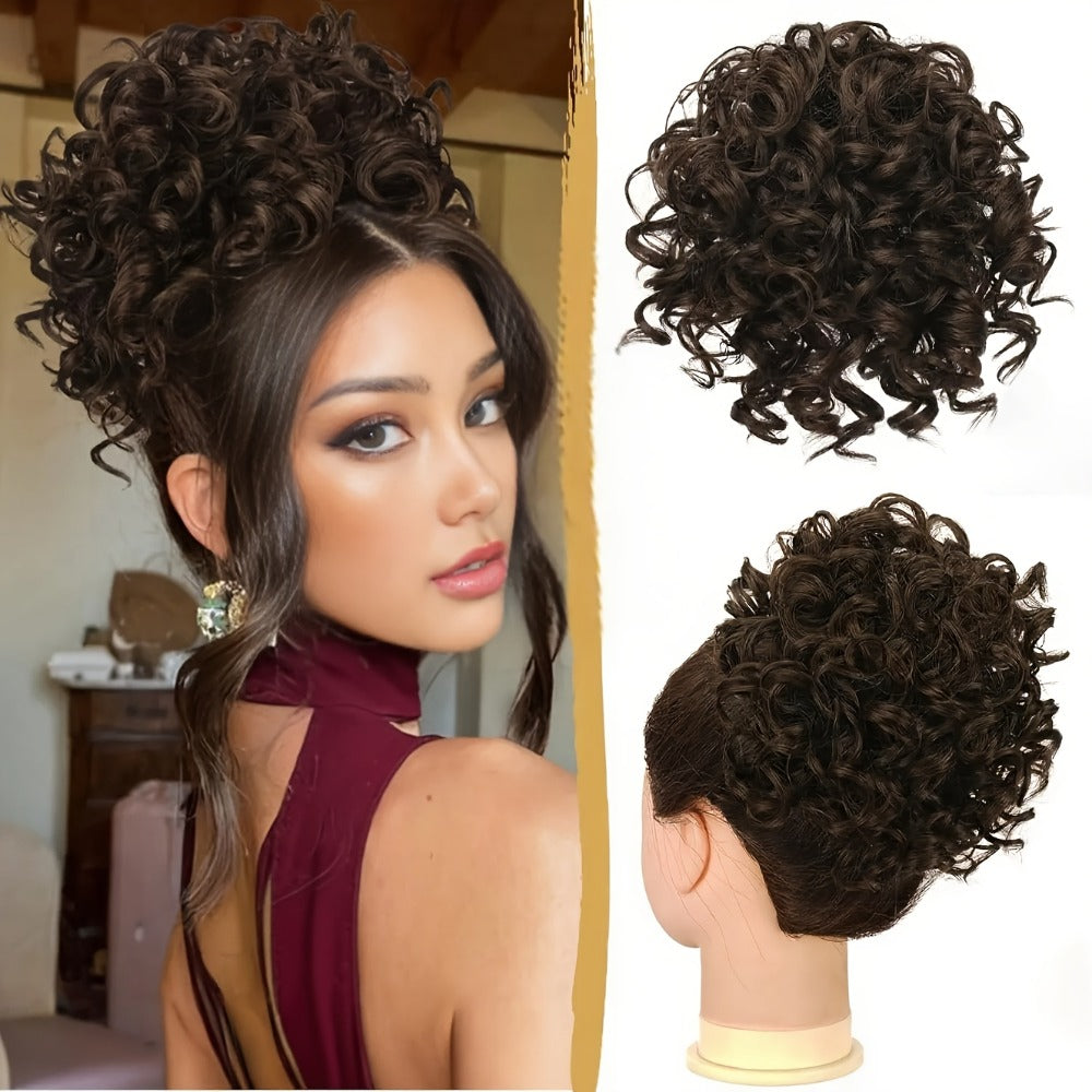 Drawstring Curly Bun Hairpiece Clip In Loose Messy Updo Hair Extension 10 Inch – Thick Voluminous Fake Bun Ponytail Wrap for Women Brown Dark Blonde All Hair Types No Heat