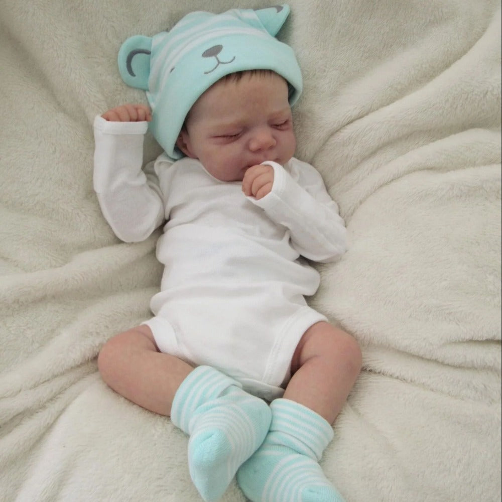 Closed-Eye 19-Inch Baby Doll with Full Vinyl Body, Mint Bear Hat and White Outfit for Pretend Play