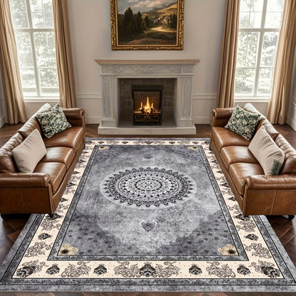 Area Rug Bohemian Persian Velvet Floral Design in Six Machine-Washable Sizes for Living Spaces