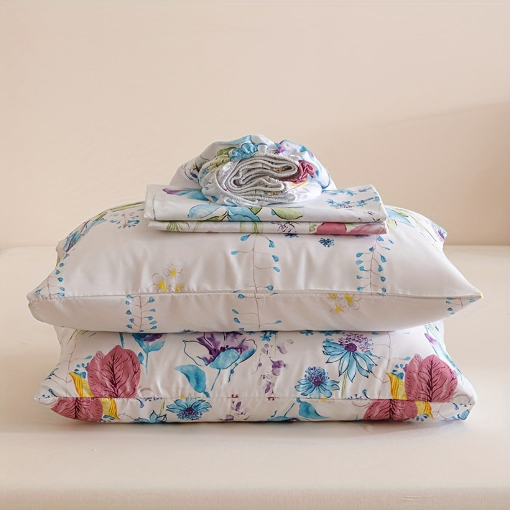 Four-Piece Floral Polyester Sheet Set with Fitted and Flat Sheets, Two Pillowcases and Four Sizes