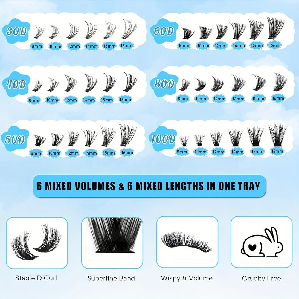 C-Curl Lash Extension Kit with 720 Clusters in 30D-100D Mixed Densities, Bond Product, Tweezers and Brush