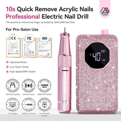 40,000 RPM Rechargeable Nail Drill in Bright Pink with 4000 mAh Battery, LCD Display and Tool Set