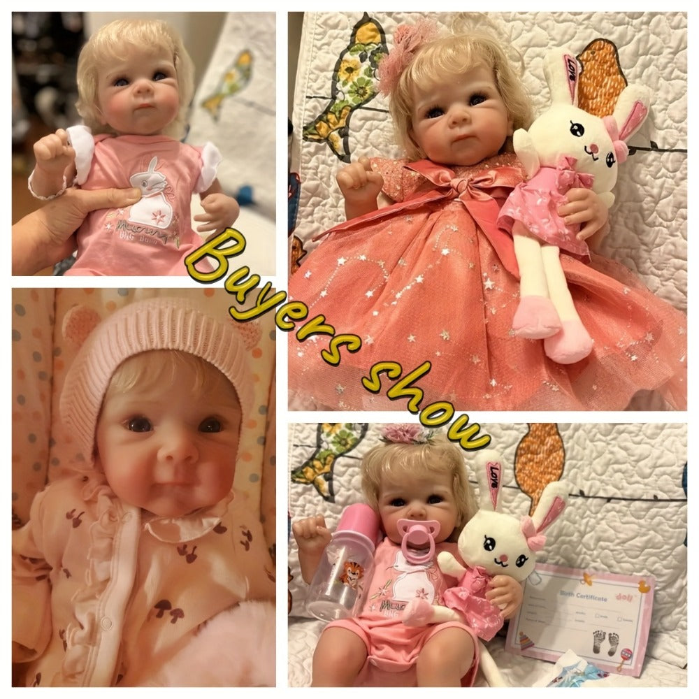 Reborn Baby Doll 16-Inch Cloth Body with Rooted Blonde Hair, Open Eyes, Pink Romper and Pacifier Set