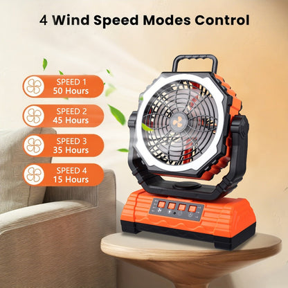 Portable Camping Fan with Dual Motors LED Light & Remote Control, Solar Powered Outdoor Fan with Hook for Tent Work Site Power Outage, Camping Accessories