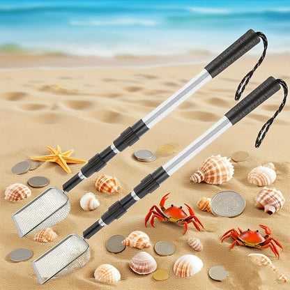 Telescopic Stainless Steel Beach Sand Sifter Scoop with Three-Section Handle, 1- or 2-Piece Options