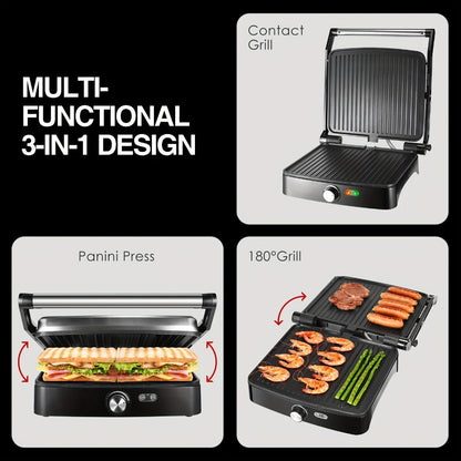 Panini Press Sandwich Maker 1200W – 4-Slice Non-Stick Grill with 180° Opening Adjustable Temperature 120–428°F & Removable Drip Tray | Electric Contact Grill for Sandwiches Steaks Burgers Indoor Use