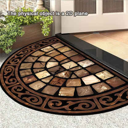 Doormat Non-Slip Stone Print Semi-Circular Welcome Mat Thick Soft Earth Tone Mosaic Design Machine Washable Outdoor Indoor Porch Rug for Home Decor