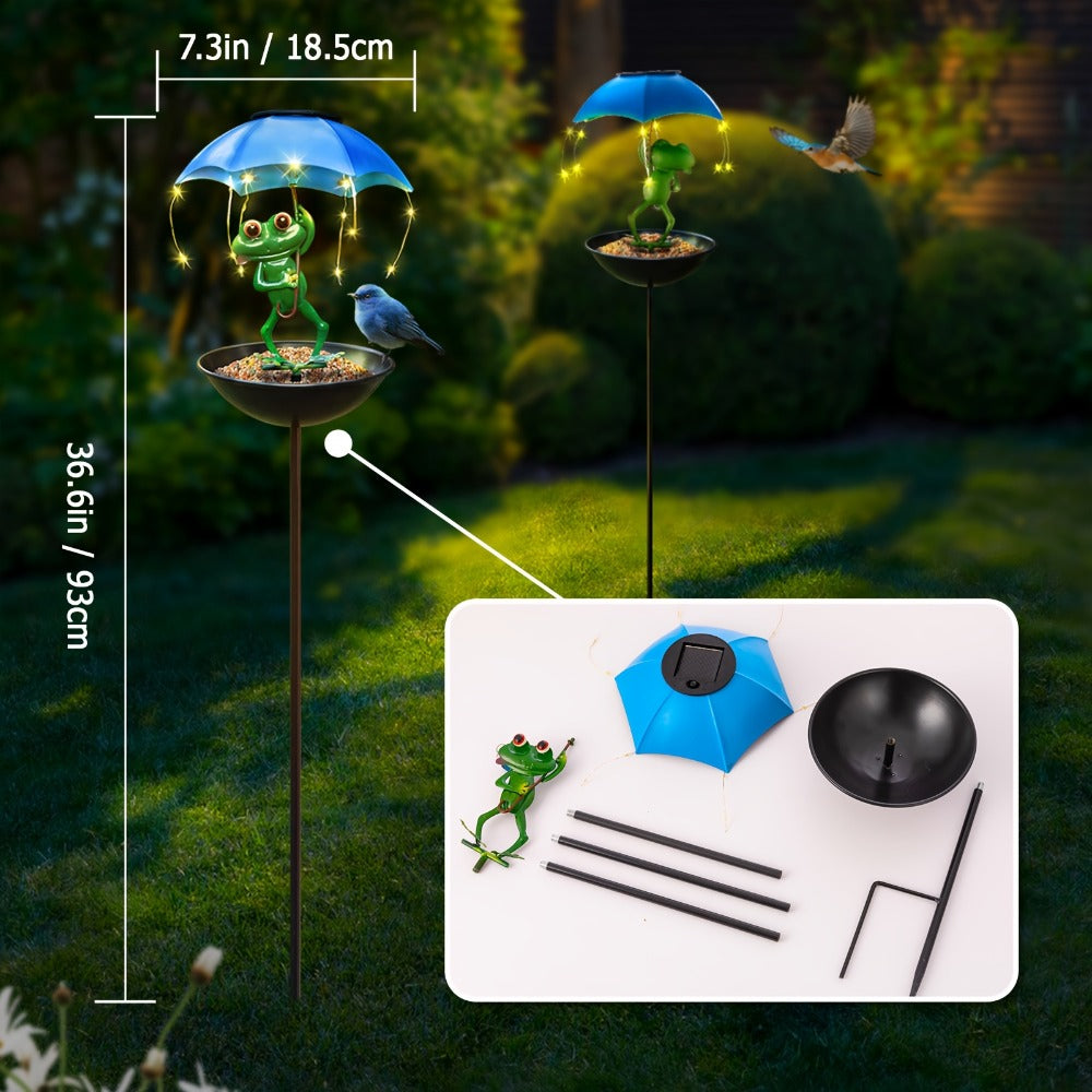 Solar Garden Decor Frog with Umbrella LED Light, Iron Frog Outdoor Statue with Solar Powered LED