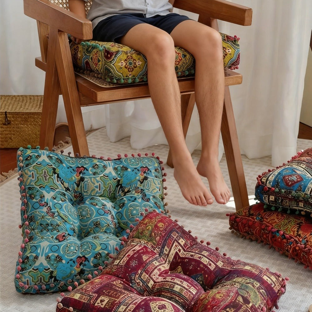 Square Bohemian Floor Cushion in Moroccan Orange or Bohemian Yellow with Forty-Two-Centimeter Size