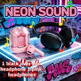 2-piece high-tech headphone set: 1 pink wireless headphone + 1 black over-ear headphone