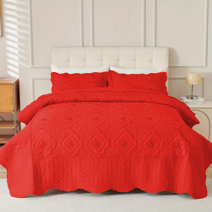Quilt Set 3 Piece Floral Embroidery Bedspread - 100% Polyester Wrinkle Resistant Lightweight Quilted Coverlet with 2 Pillow Shams for Full Queen King Bed, Elegant Bedroom Decor in 19 Colors