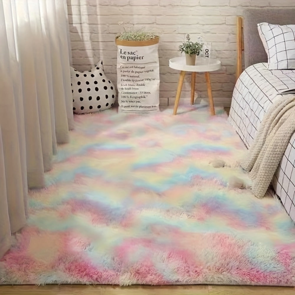 Area Rug Fluffy Faux-Fur Shag in Solid, Tie-Dye and Ombre Colors with Six Retained Room Sizes