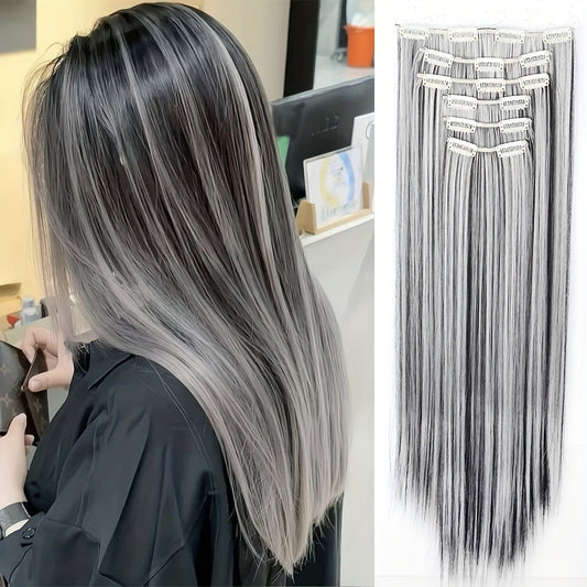 Hair Extensions Straight 24-Inch Synthetic Clip-In Set with Six Wefts in Black or Space Gray