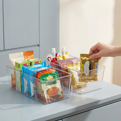 Clear Pantry Storage Bins Set of 8 with Dividers - Transparent Refrigerator Organizer Bins for Kitchen Cabinet, Pantry Organization, Snack Packet Spice Pouch Storage, 10.4" x 6.1" x 3.5"