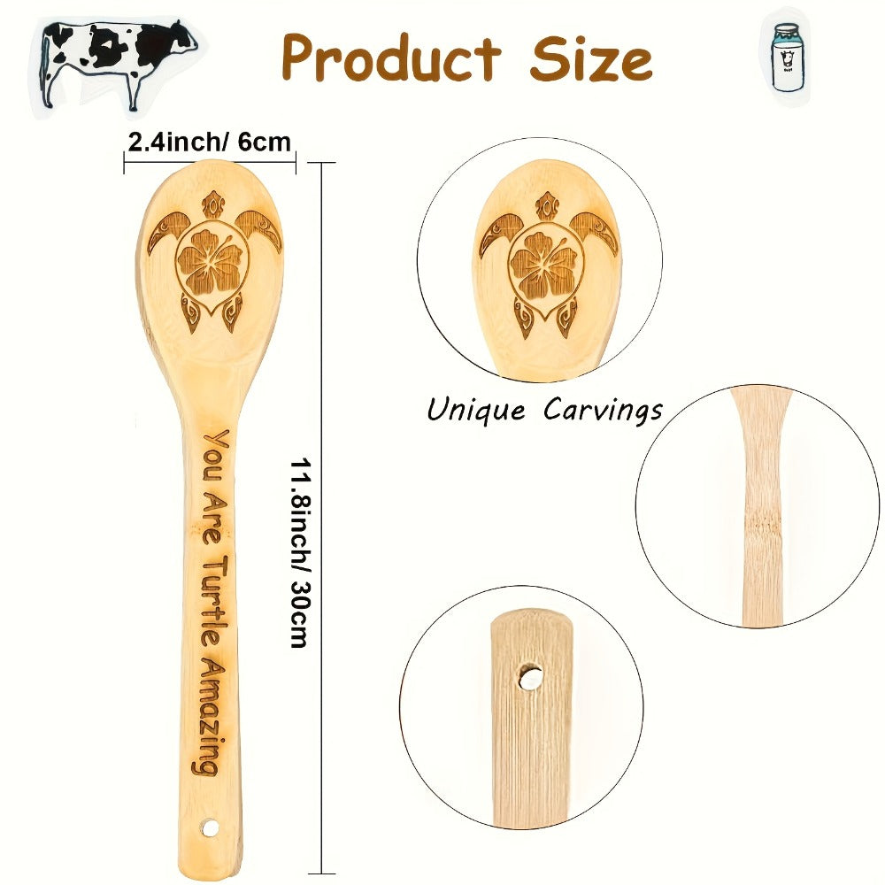 Kitchen Utensils Five-Piece Bamboo Spoon and Spatula Set with Engraved Turtle Designs for Cooking