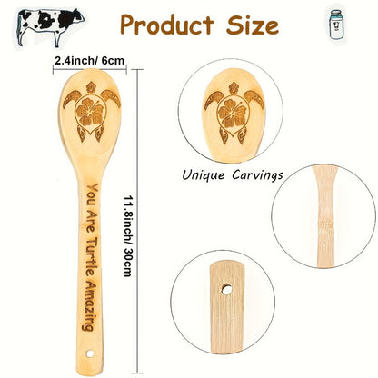 Kitchen Utensils Five-Piece Bamboo Spoon and Spatula Set with Engraved Turtle Designs for Cooking