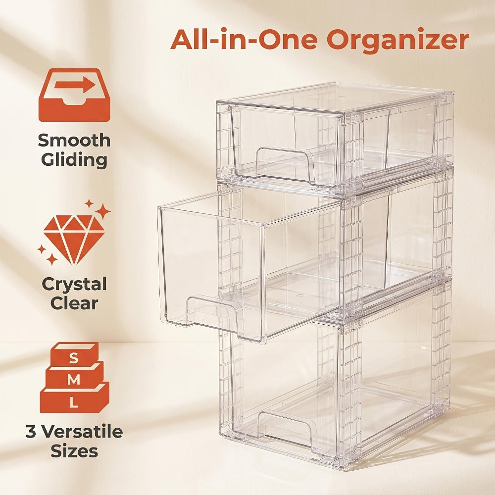 Stackable Bin Storage Organizer 3 or 4-Piece Clear Plastic Set with Lids and Handles in Mixed Sizes