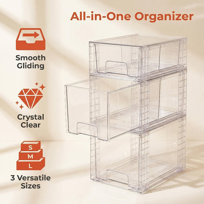 Stackable Bin Storage Organizer 3 or 4-Piece Clear Plastic Set with Lids and Handles in Mixed Sizes
