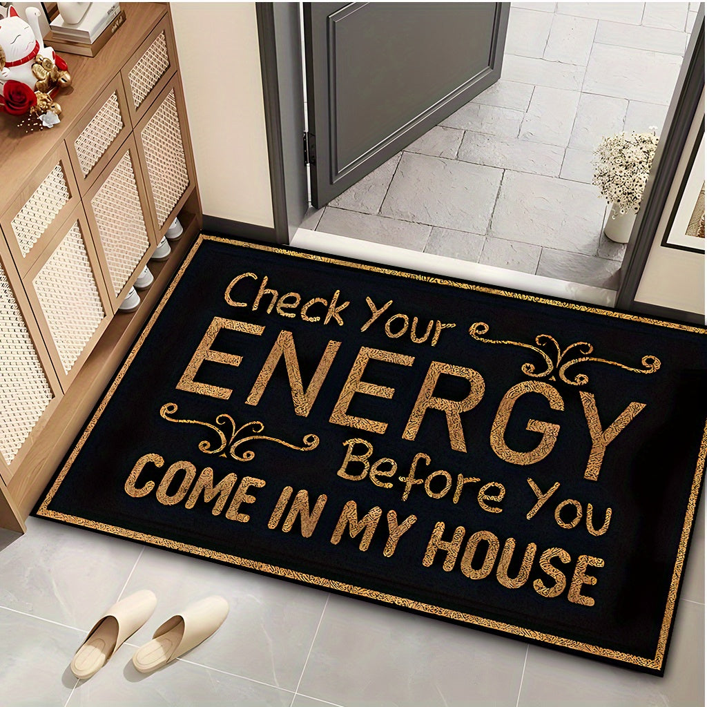 Anti-Slip Doormat Black Gold Lettering Check Energy Before Entry Non-Slip Rug 7mm Thick Indoor Floor Mat for Living Room Kitchen Bathroom Entryway