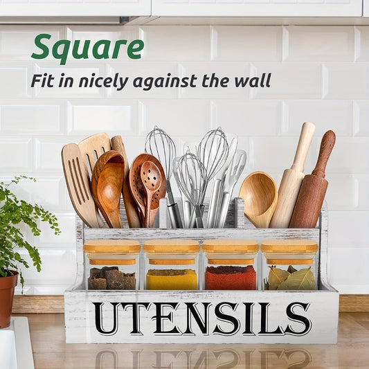 Utensil Holder Kitchen Organizer with Four Wood Compartments, Countertop Shelf and White or Black Finish