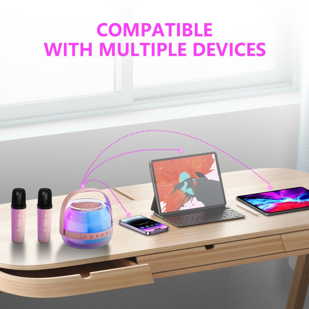 Portable Karaoke Machine with 2 Wireless Microphones, 3-Piece Bluetooth Speaker Set, Ambient Night Lamp Lighting, Birthday Gift for Adults, Kids & Bedroom Home Entertainment