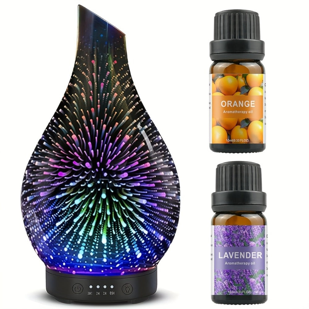 120ml Glass Essential Oil Diffuser with Teardrop Body, Four Timer Labels, Seven-Color Light and Oil Bundle
