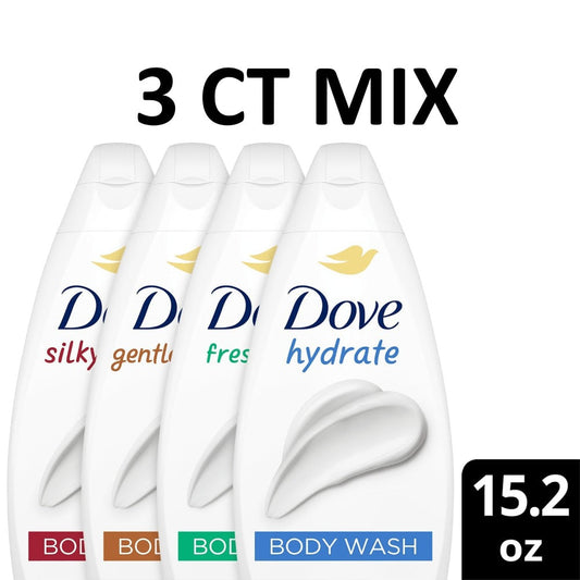 Body Wash Variety Pack 3 Count Dove Hydrate Fresh Care Gentle Pamper Moisturizing Shower Gel Set 15.22 oz Each Nourishing Daily Body Cleanser for All Skin Types