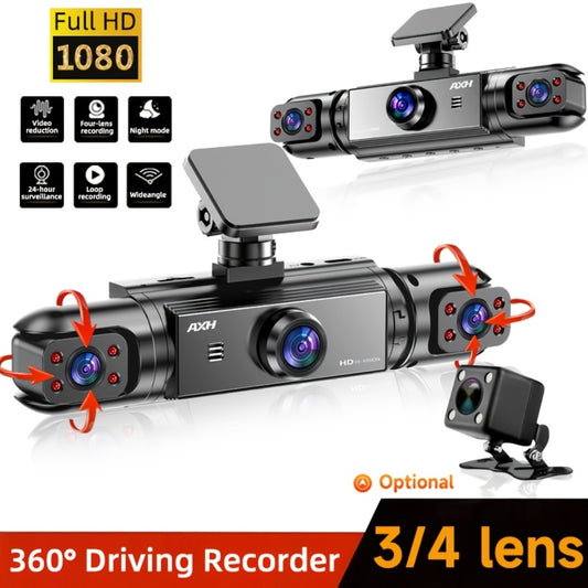 360° Panoramic Dash Cam 3 & 4 Lens 1080P HD Front + 720P Rear Left Right, Quad-Split Screen, HD Night Vision WDR G-Sensor Loop Recording, Full Coverage Car Camera, 32GB/64GB SD Card Options