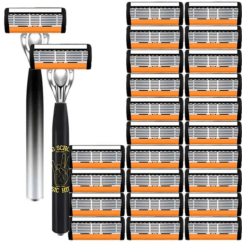 Safety Razor Set for Men 2 Anti-Slip Handles & 24 Ultra-Sharp Replaceable Stainless Steel Blades – Smooth Painless Close Shave, Luxury Wet Shaving Kit, Grooming Gift for Men