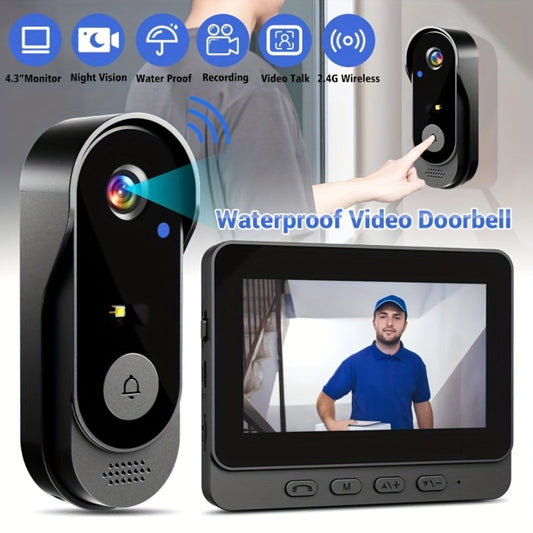 Wireless Doorbell with Monitor No WiFi No Subscription – 4.3" Screen, Two-Way Talk, Night Vision, 365-Day Standby, IP66 Waterproof, 128GB Auto Recording, No App No Monthly Fee