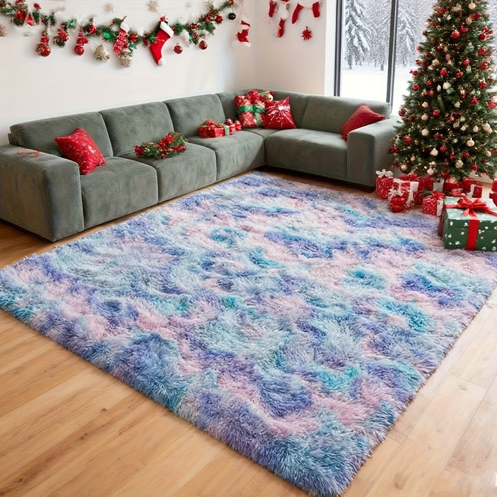 Area Rug Rainbow Purple Tie-Dye Shag in Three Machine-Washable Sizes for Bedroom or Living Room