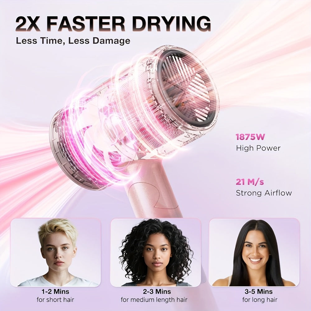 1875W Ionic Travel Hair Dryer Foldable with Diffuser & Concentrator Nozzle — Brushless Motor, 3 Heat Settings, 2 Speeds, Fast Drying Compact Blow Dryer for All Hair Types, Pink or Gray