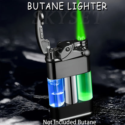 Green Flame Metal Lighter Windproof – Refillable Butane Gas Lighter with Adjustable Flame, Fuel Window & Rocker Arm Ignition, Cool Multifunctional Lighter for Outdoor Camping BBQ Cigars (No Butane)