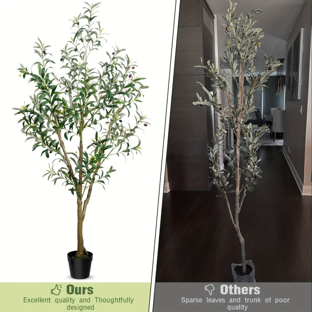 Multi-Branched Artificial Olive Tree with 5.25, 6 or 7 ft Height Options, Decorative Fruit and Black Nursery Pot