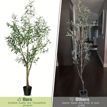 Multi-Branched Artificial Olive Tree with 5.25, 6 or 7 ft Height Options, Decorative Fruit and Black Nursery Pot