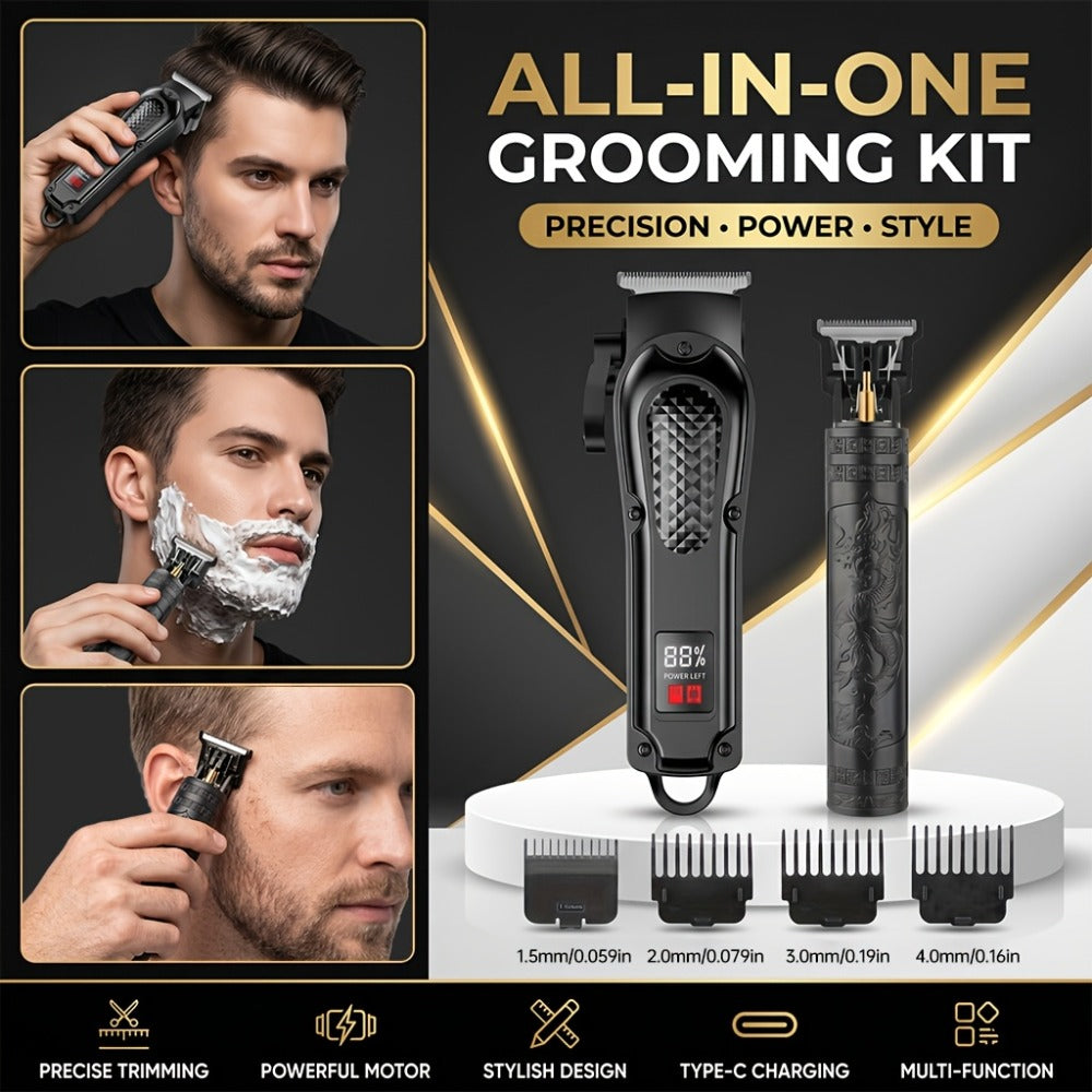 2-Piece Hair Clipper Set with Full-Size Clipper, Detail Trimmer, Guide Combs and USB Charging Accessories