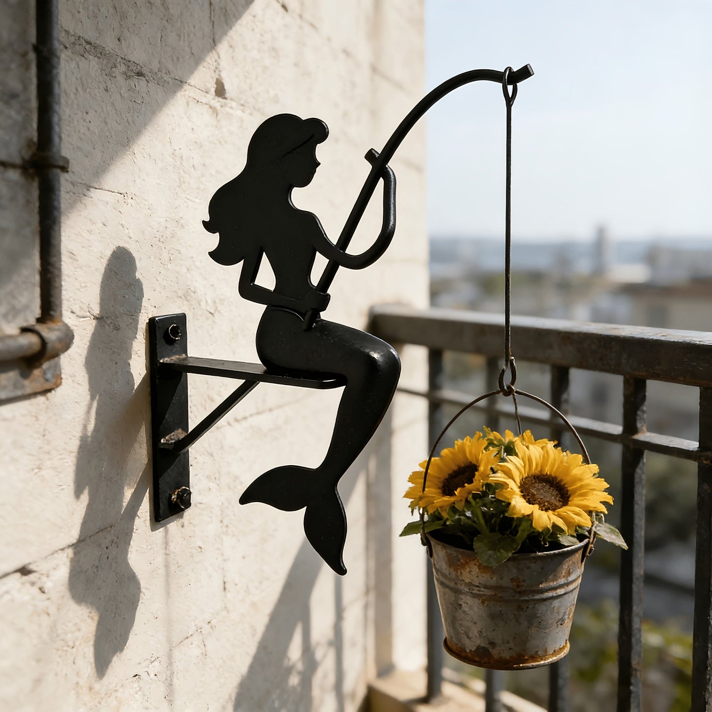 Mermaid Wall Planter Bracket with 9.05-Inch Silhouette, Hanging Hook and Black Metal-Look Finish