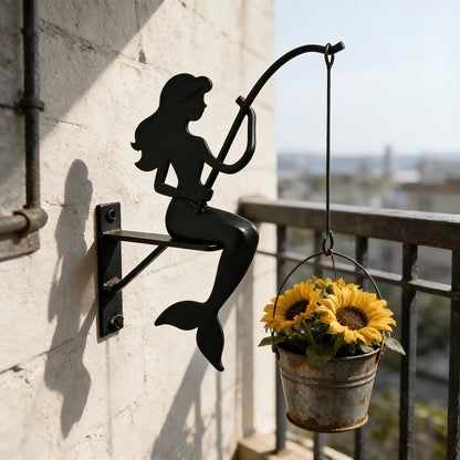 Mermaid Wall Planter Bracket with 9.05-Inch Silhouette, Hanging Hook and Black Metal-Look Finish