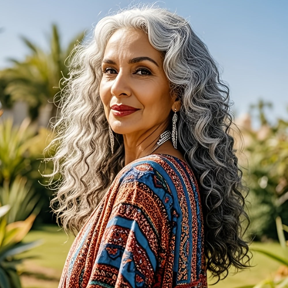 Deep Wave Curly Wig for Women 24 Inch Space Gray Long Synthetic — Glueless Adjustable Buckle Net Cap Heat Resistant for Cosplay Halloween Party Daily Wear